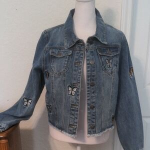 Between Us Women's Blue Denim Jean Jacket Embroidered Butterflies Frayed Hem S